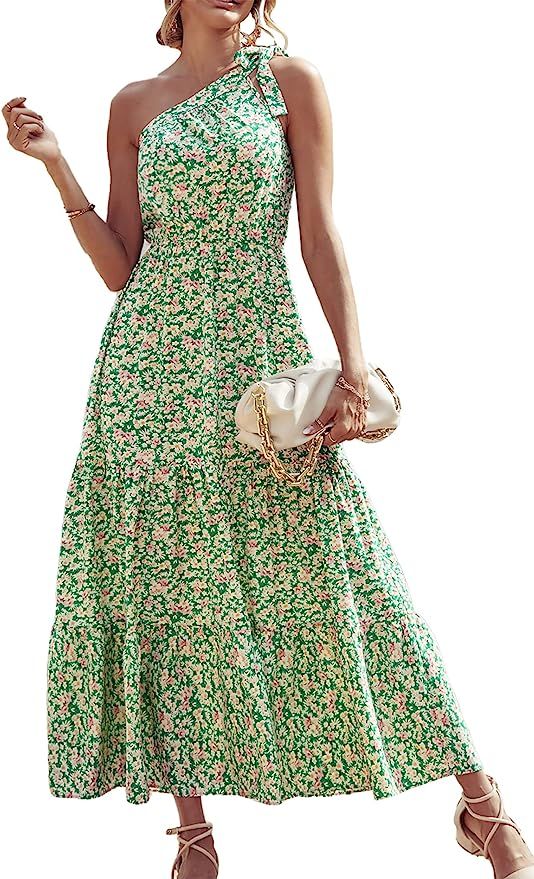 PRETTYGARDEN Women's Floral Summer Dress 2023 Knot One Shoulder Sleeveless Ruffle Hem Flowy Boho ... | Amazon (US)