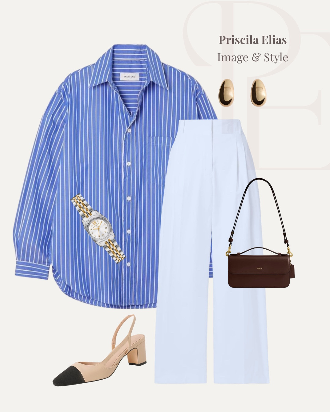 5 outfit ideas with a blue striped button-down shirt. Styled with white wide leg pants, denim and classic capsule wardrobe pieces. Elegant everyday and work outfit inspiration.

#LTKgrwm #LTKOver40 #LTKSpringSale
