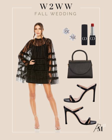 mac duggal black ruffle dress
stuart weitzman black patent heel
olga berg top handle bag 
chanel rouge lipstick 

#LTKshoecrush #LTKstyletip #LTKwedding