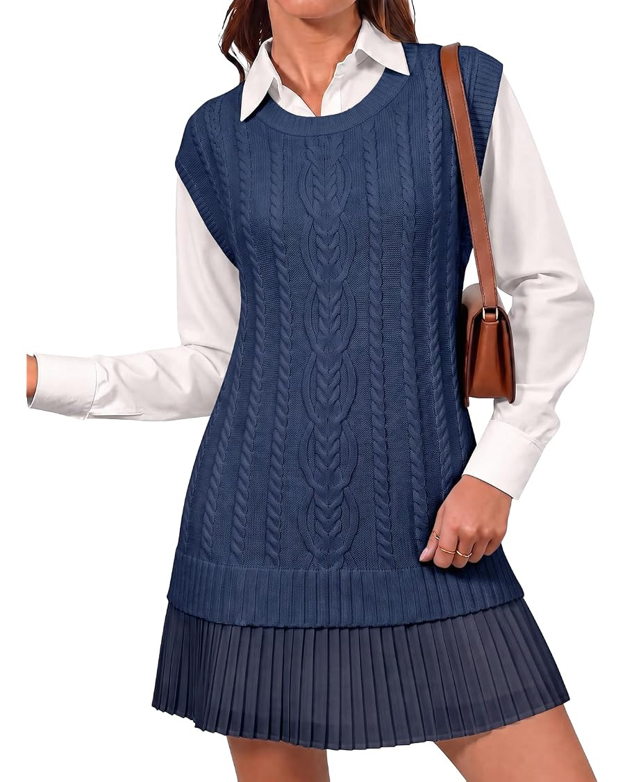 Fisoew Womens Cable Knit Sweater Vest Pleated Patchwork Sleeveless Dress | Amazon (US)