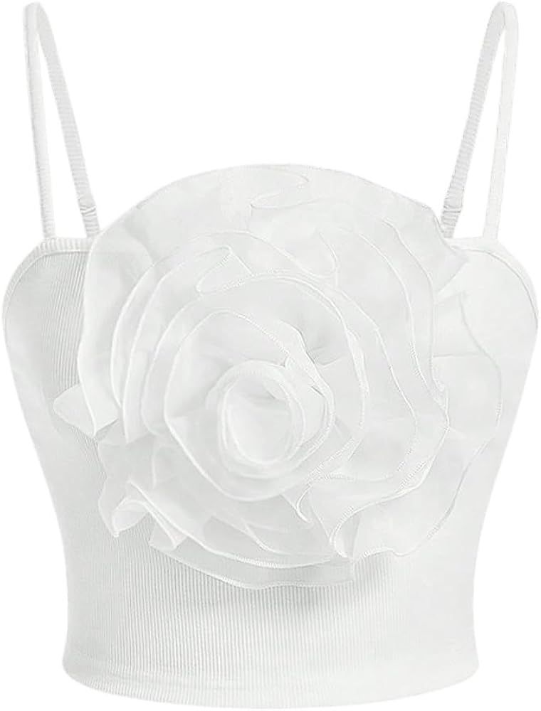 Women's Sleeveless 3D Flower Appliques Spaghetti Strap Knitted Cami Crop Tops | Amazon (US)