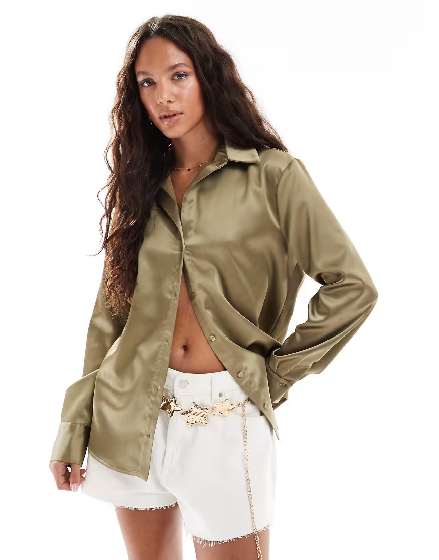 Miss Selfridge oversized button down satin shirt in khaki green | ASOS (Global)