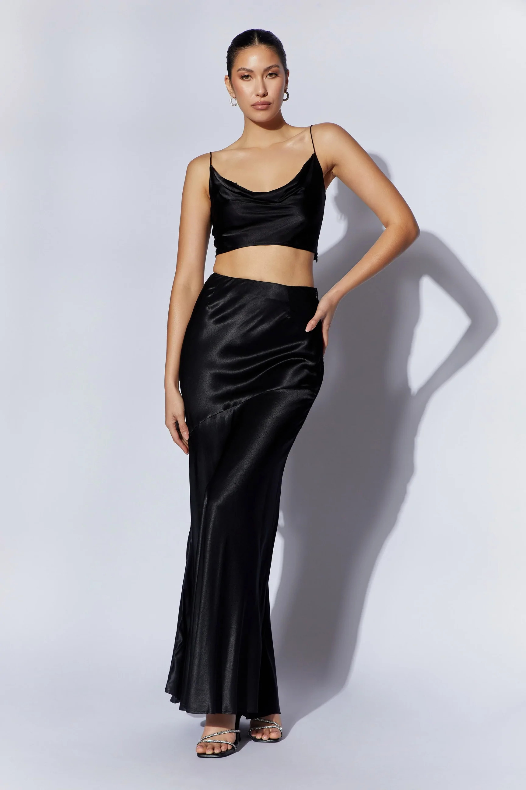 Poppy Satin Maxi Skirt - Black | MESHKI US