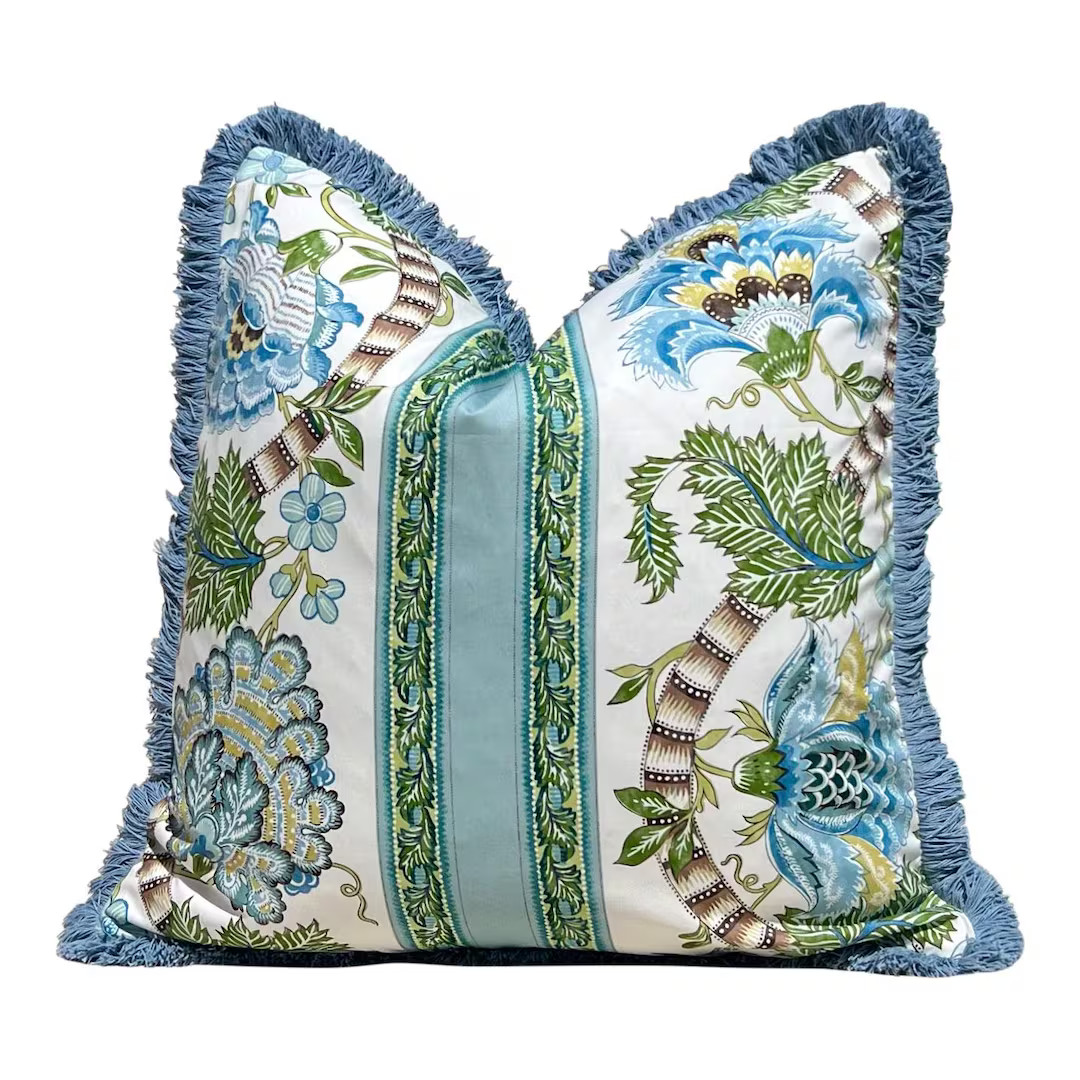 Brunschwig and Fills Lauris Pillow in Aqua and Green with Brush Trim. Floral Designer Cushion Cov... | Etsy (US)