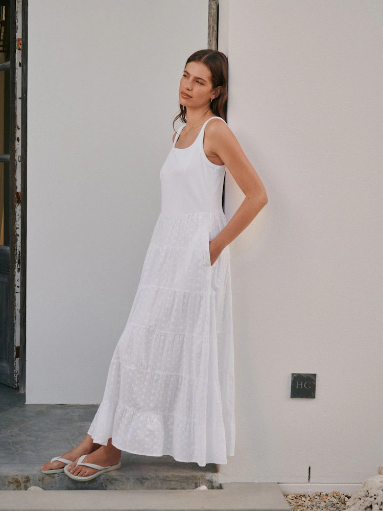 Buy White Broderie Sleeveless Square Neck Ribbed Midi Dress from Next United Arab Emirates | Next UAE