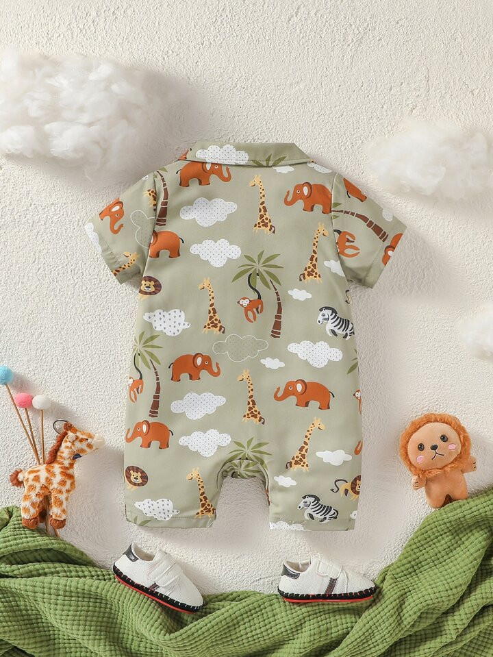 Baby Boy Cartoon Animal Print Lapel Neck Romper | SHEIN