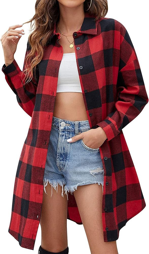 Bozanly Women's Oversized Button Down Long Plaid Flannel Shirts Lapel Long Sleeve Check Jacket Sh... | Amazon (US)