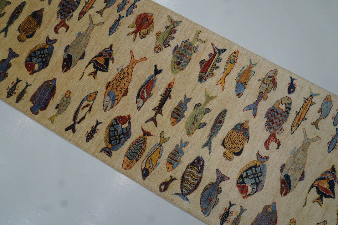 14 Ft Beige Fish Runner Rug Gabbeh Afghan Hand Knotted Veg Dyes Wool Entryway Long Runner Kitchen... | Etsy (US)