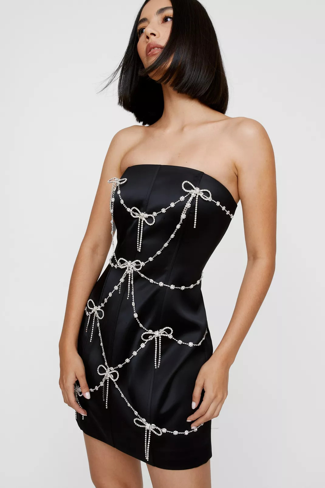 Bow Embellished Satin Trim Bandeau Mini Dress | Nasty Gal US