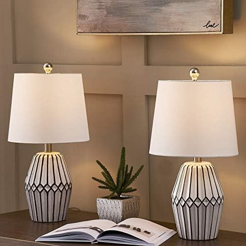 Maxax Ceramic Table Lamp Set of 2 Bedside Nightstand Lamp White Geometric Desk Lamp Drum Fabric Shad | Amazon (US)