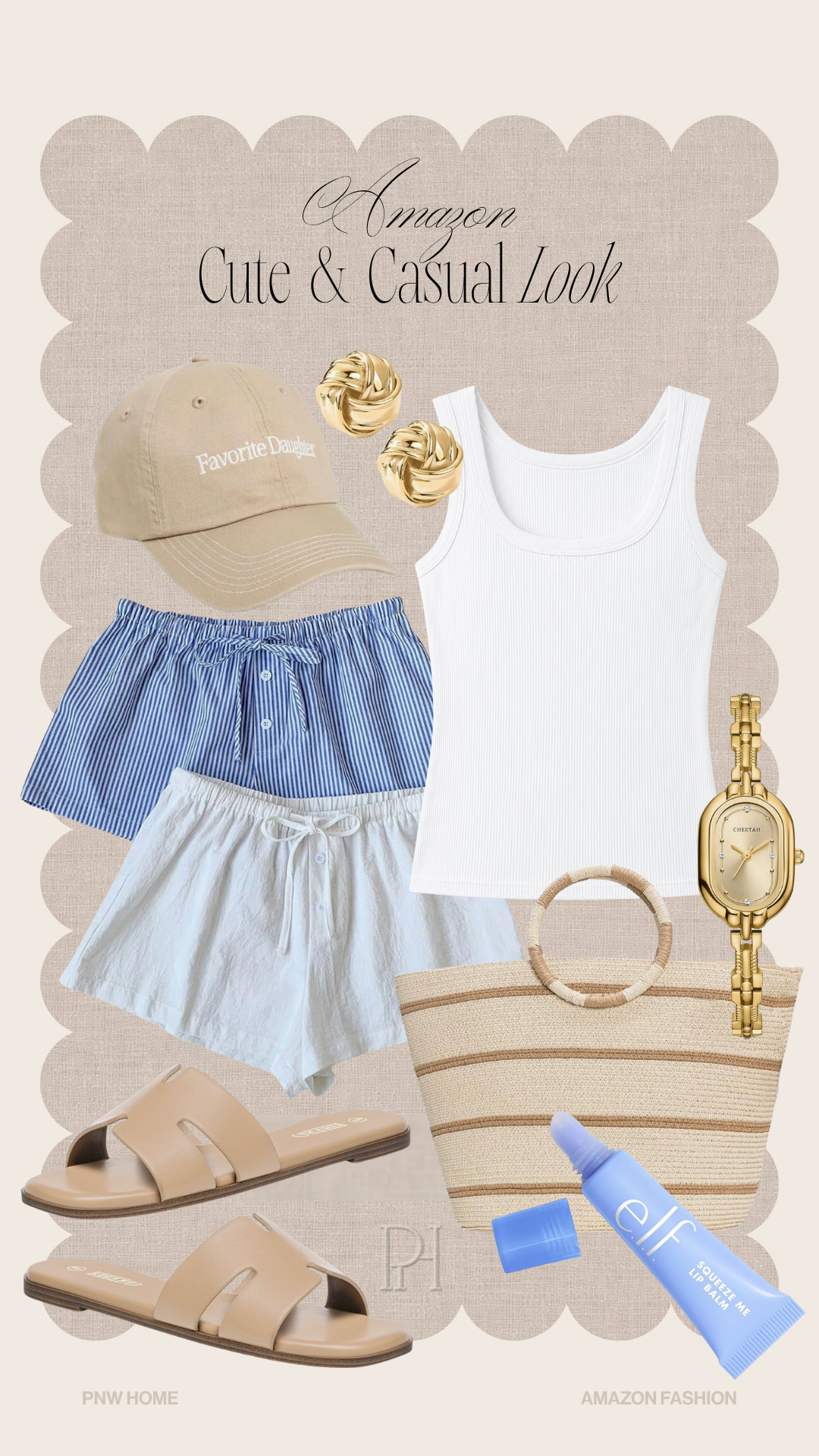 Great Amazon style finds for a cute and casual look for summer!

summer outfit, summer fashion, summer style, summer look, casual outfit, casual look, beach day look, poolside look, white tank top, white tank top, wardrobe basics, blue shorts, linen shorts, knot earrings, gold earrings, stud earrings, tan hat, baseball cap, tan sandals, slides, summer shoes, summer sandals, lip balm, lip gloss, gold watch, tote bag, summer handbag 

 #LTKgrwm #LTKootd #LTKmomlife