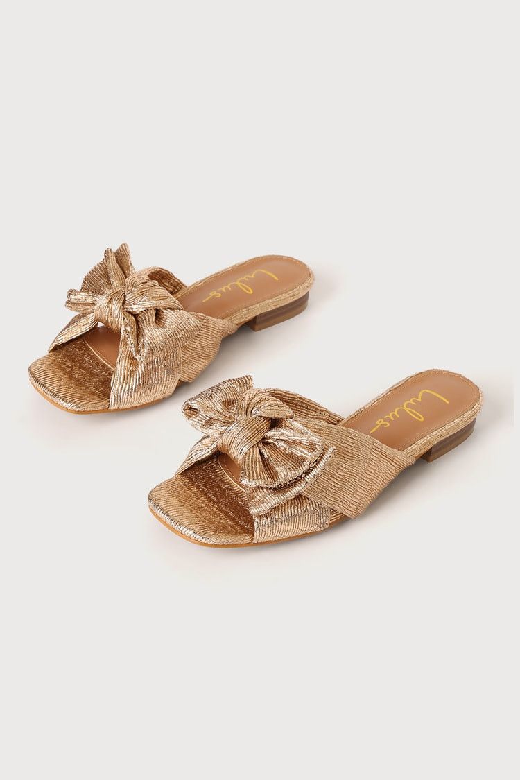 Lortho Rose Gold Metallic Pleated Bow Slide Sandals | Lulus (US)