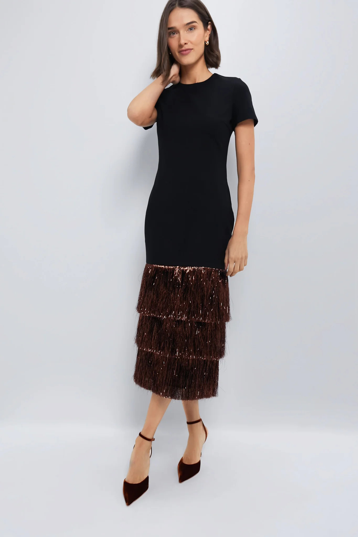 Black & Bronze Metallic Fringe Francie Short Sleeve Maxi Dress | Tuckernuck (US)