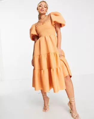 ASOS DESIGN shirred puff sleeve tiered prom midi dress in apricot | ASOS (Global)