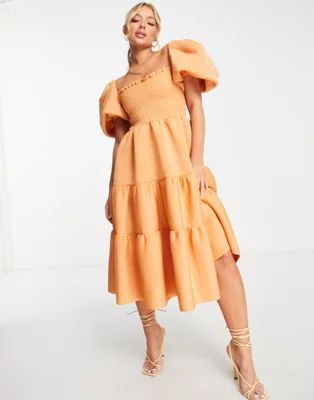 ASOS DESIGN shirred puff sleeve tiered prom midi dress in apricot | ASOS (Global)