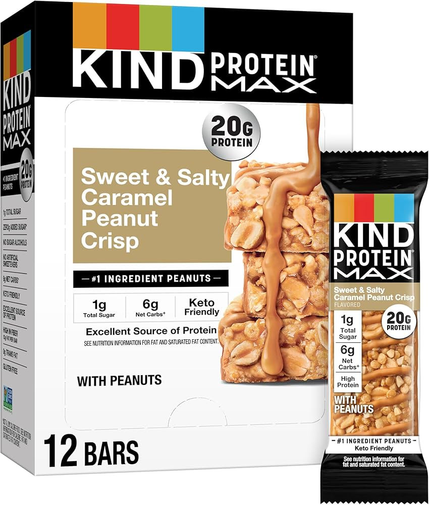 KIND Protein MAX Sweet & Salty Caramel Peanut Crisp Snack Bars, Keto Friendly, 20g Protein, 12 Co... | Amazon (US)