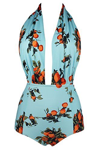 Cocoship Turquoise & Orange Tangerine Fruit Retro One Piece Backless Bather Swimsuit High Waisted Sw | Amazon (US)