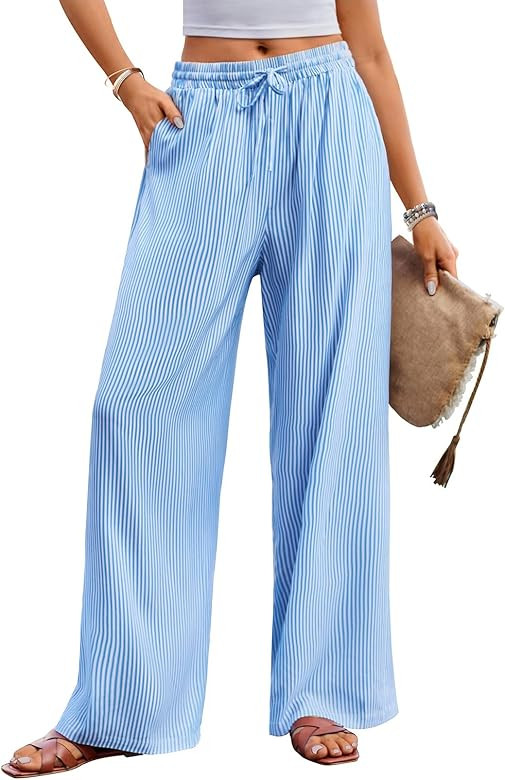 MEROKEETY Women's Striped Floral Wide Leg Pants Drawstring Elastic High Waist Casual Pants with P... | Amazon (US)
