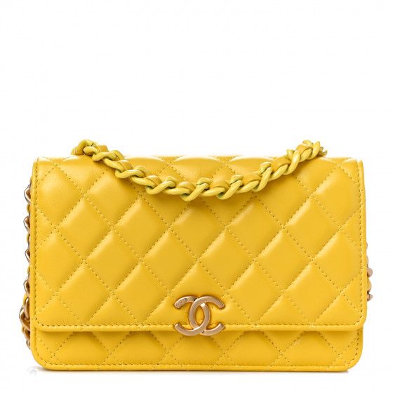 CHANEL Lambskin Resin Quilted Wallet On Chain WOC Yellow | FASHIONPHILE | FASHIONPHILE (US)