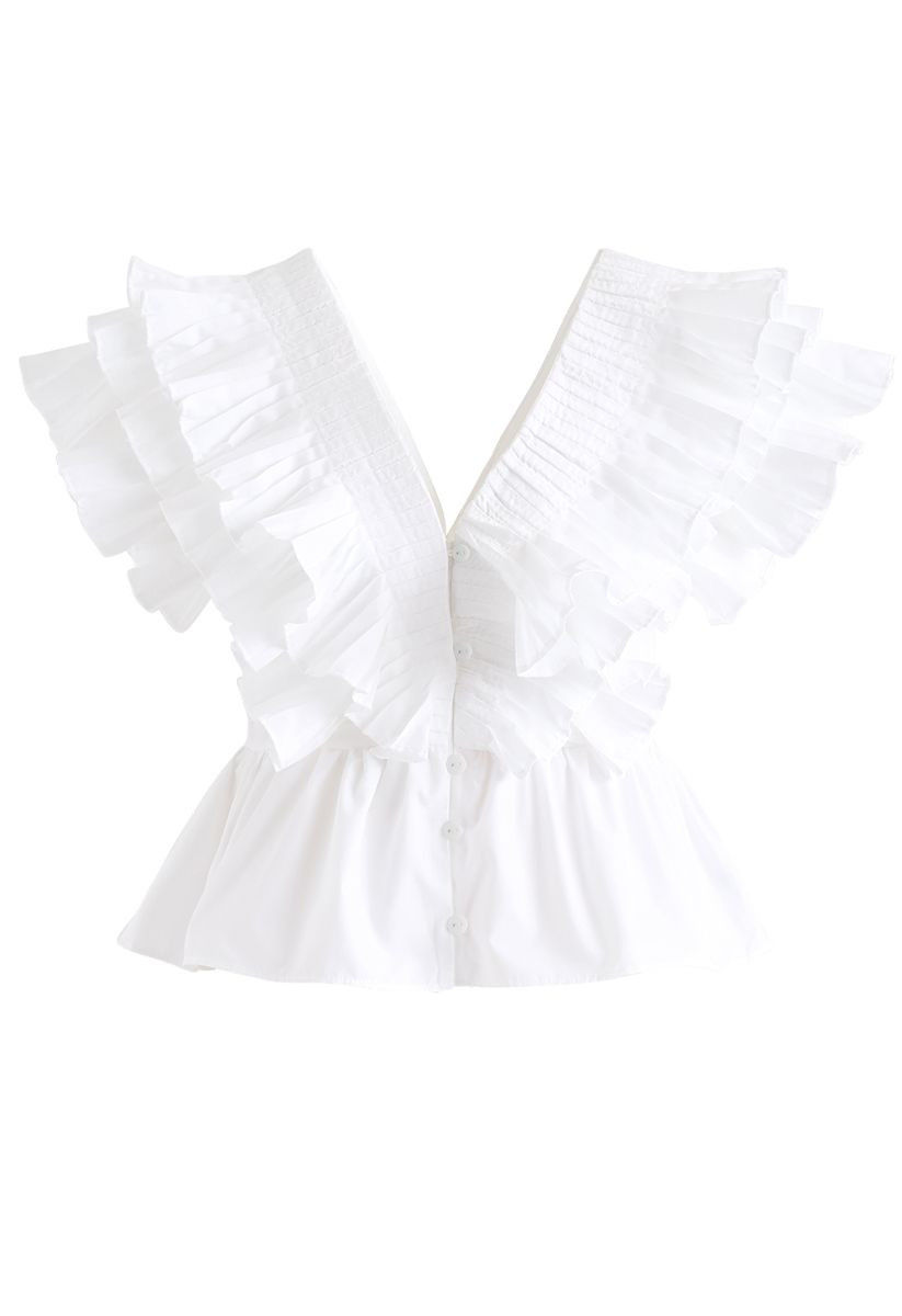 Pleated Ruffle Buttoned Deep V-Neck Crop Top | Chicwish