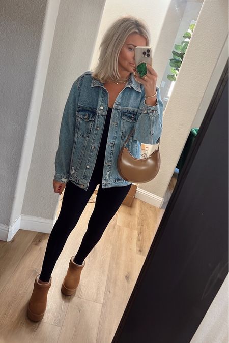 Oversized denim jacket - true to size for an oversized fit, wearing S
Onesie from Amazon - true to size, size down if in between, wearing M
Amazon Ugg dupes - go down 1/2 size 
$50 pleather shoulder bag - looks expensive 
Everyday casual spring outfit 

#LTKSeasonal #LTKunder50 #LTKshoecrush