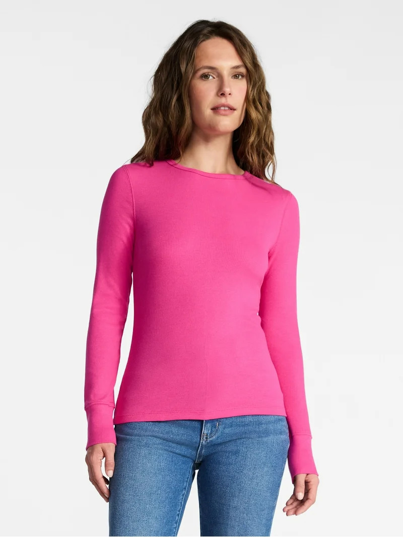 Time and Tru Women's Rib Tee with Long Sleeves, Size XS-XXXL | Walmart (US)