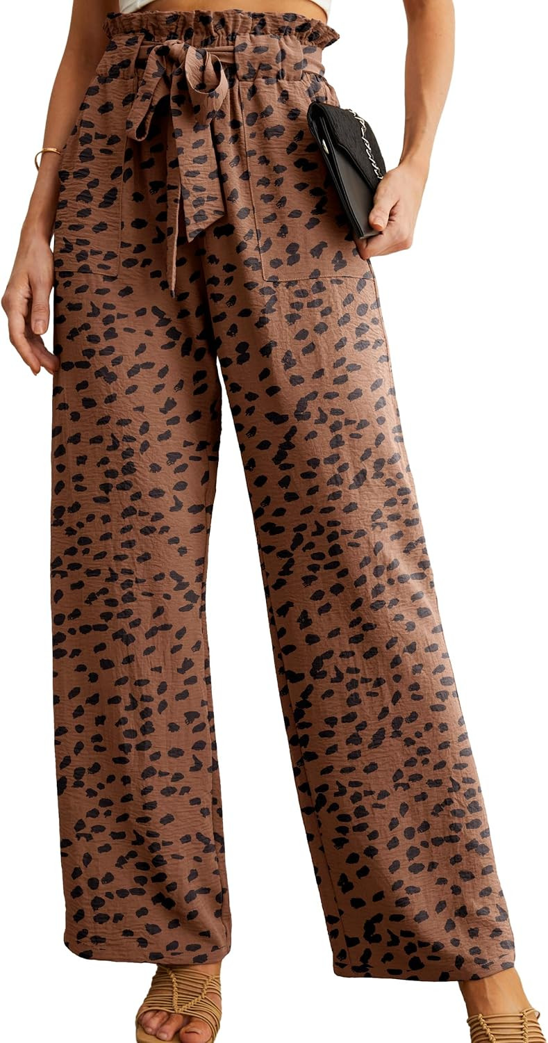 IWOLLENCE Women High Waist Palazzo Pants, Adjustable Knot Ankle Wide Leg Trousers Pockets Beach Vacation Lounge Office | Amazon (US)