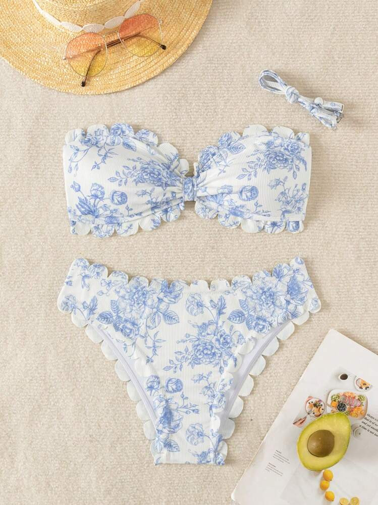 SHEIN Swim Vcay Women's Floral Print Bandeau Sexy Bikini Set For Beach Vacation Summer | SHEIN