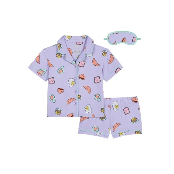 Wonder Nation Girls Short Sleeve Button Front Pajama Top and Shorts Set with Eyemask, 3-Piece, Si... | Walmart (US)