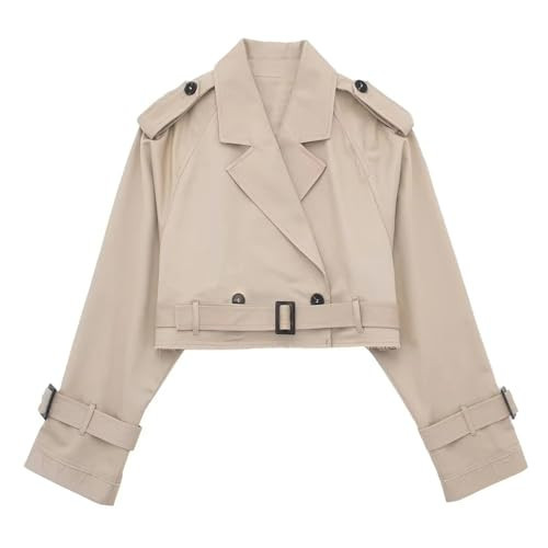 Women's Trench Coats Cropped Long Sleeve Classic Lapel Double Breasted Jacket Coat Outwear with Belt(Khaki-S) | Amazon (US)