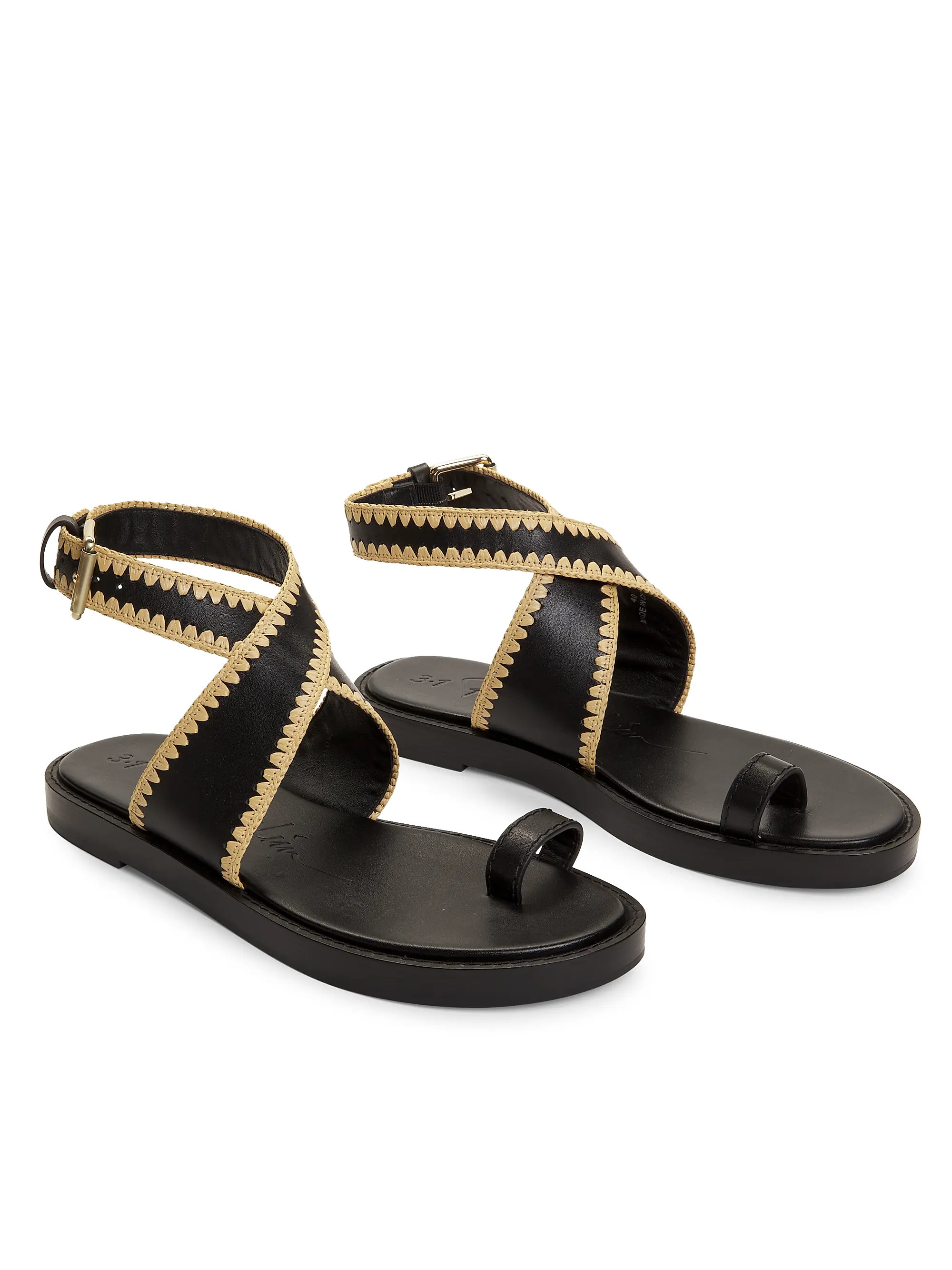 Raffia-Trimmed Leather Ankle-Wrap Sandals | Saks Fifth Avenue