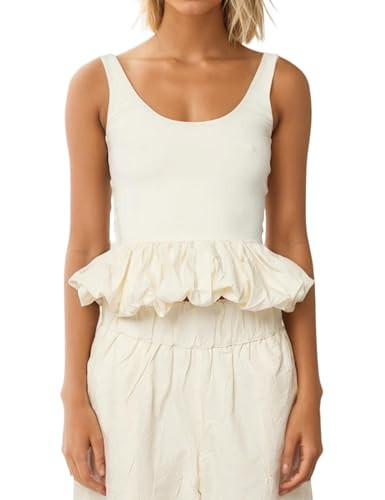 Ymejia Women's Ruffle Peplum Tank Top Scoop Neck Backless Sleeveless Patchwork Bubble Hem Top Going Out Babydoll Shirts Apricot | Amazon (US)