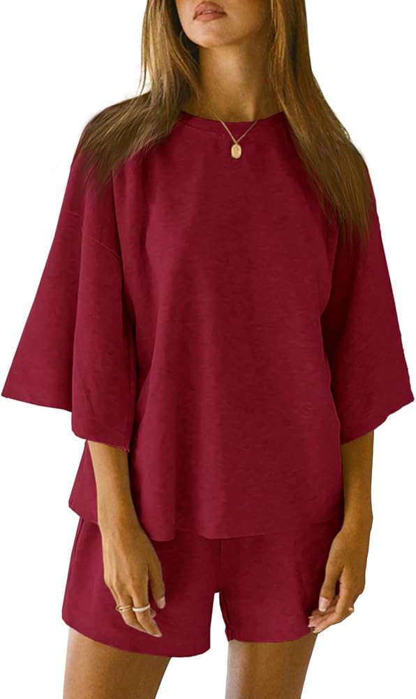 Tankaneo Womens Pajama Sets 3/4 Sleeve Oversized Tops and Elastic Waist Shorts Lounge Sets Lounge... | Amazon (US)