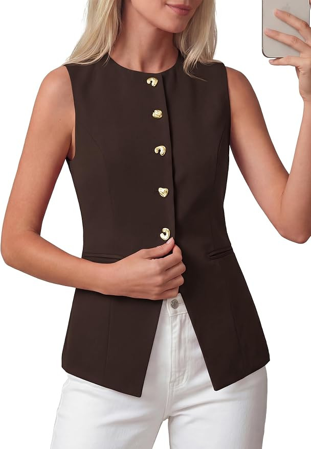 BTFBM Blazers for Women Vest Tops Business Casual Outfits Button Down Sleeveless Pockets Office W... | Amazon (US)
