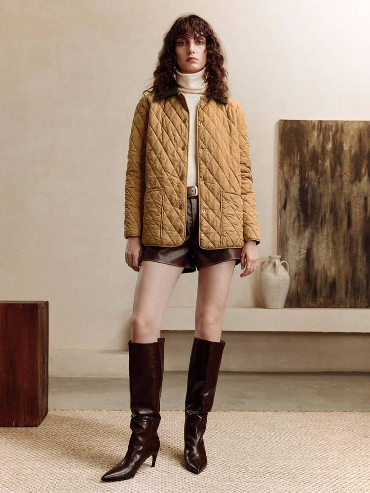 Arave Women's H-Shaped Straight Fit Classic Diamond Quilted Cotton PU Leather Lapel Pocket Decoration Daily Casual Cotton Jacket Fall Clothes For Women | SHEIN