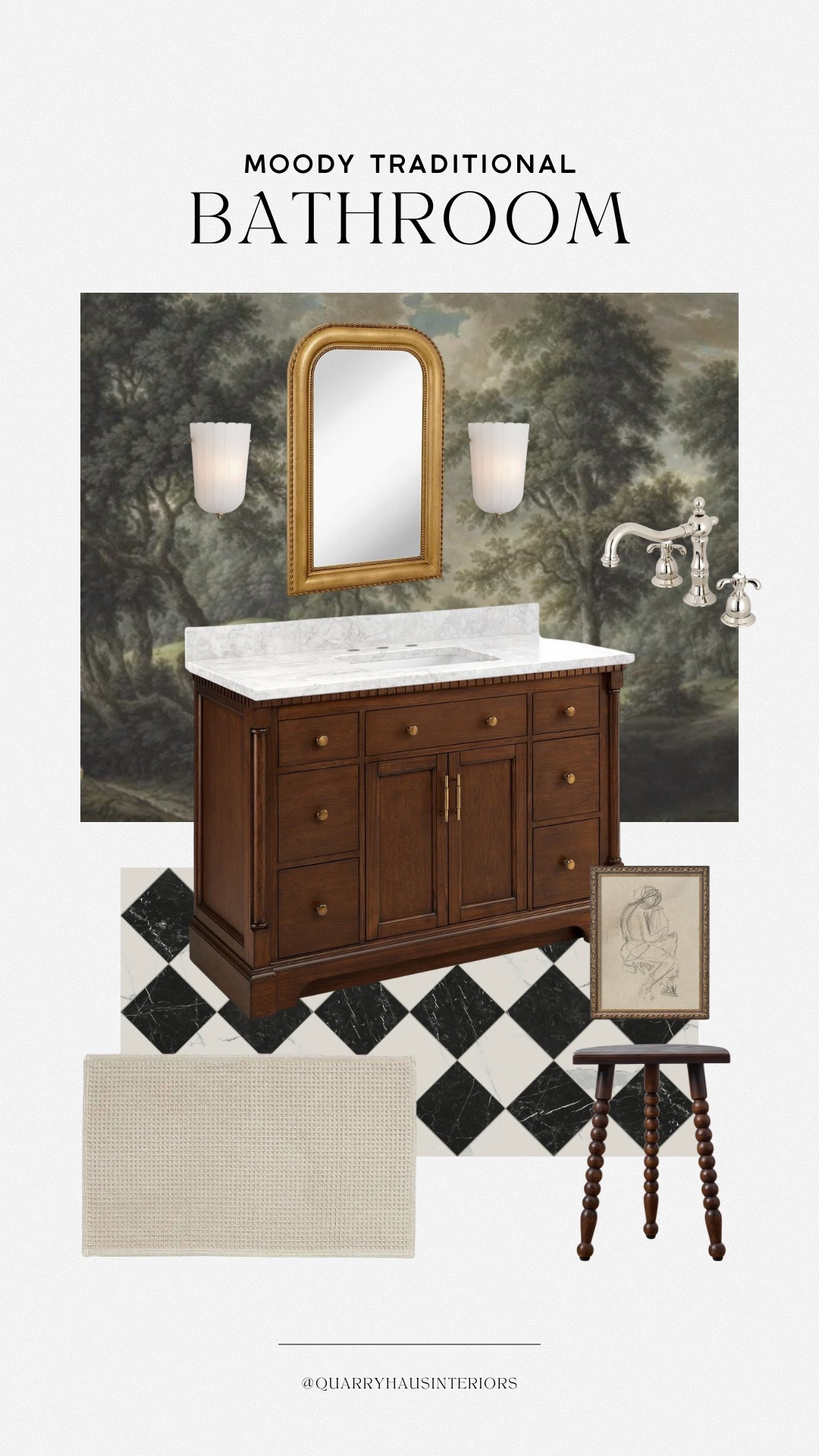 Moody meets traditional in this bathroom design 🤎 I love the dark forest scene mural wallpaper!

#LTKHome