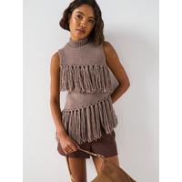 V by Very Fringe Detail Sleeveless Knitted Jumper - Brown | Very (UK)