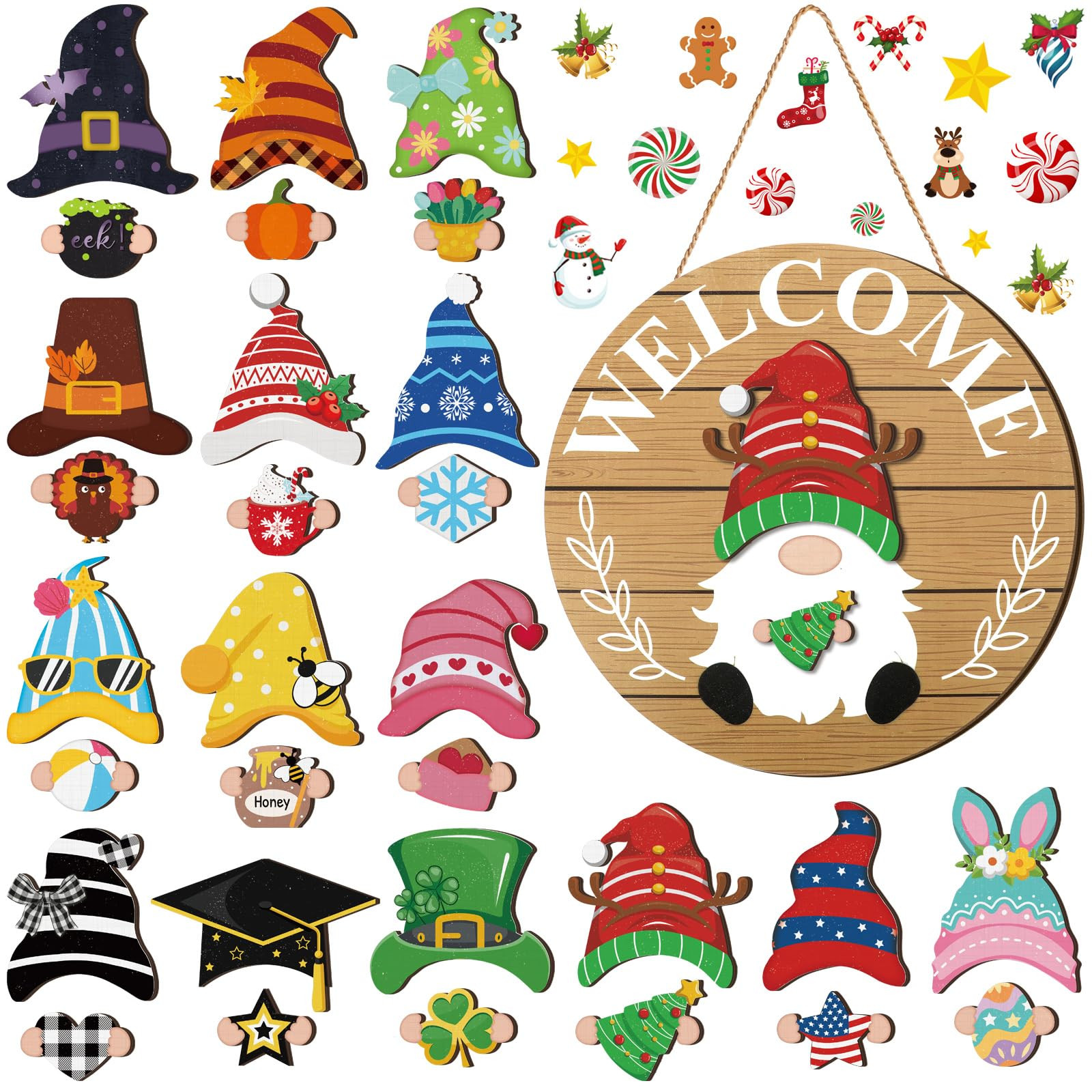 Qunclay Interchangeable Wooden Gnome Decor Holiday Seasonal Gnome Decorations with Magnet Pieces ... | Amazon (US)