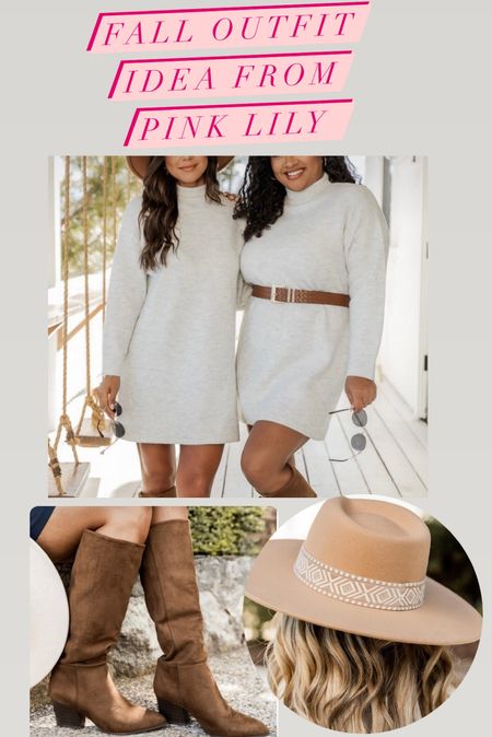 Fall outfit idea from Pink Lily //sweater dress// boots// wide brimmed fedora// fall outfit// fall style// 🍁🍂

#LTKSeasonal #LTKshoecrush #LTKstyletip