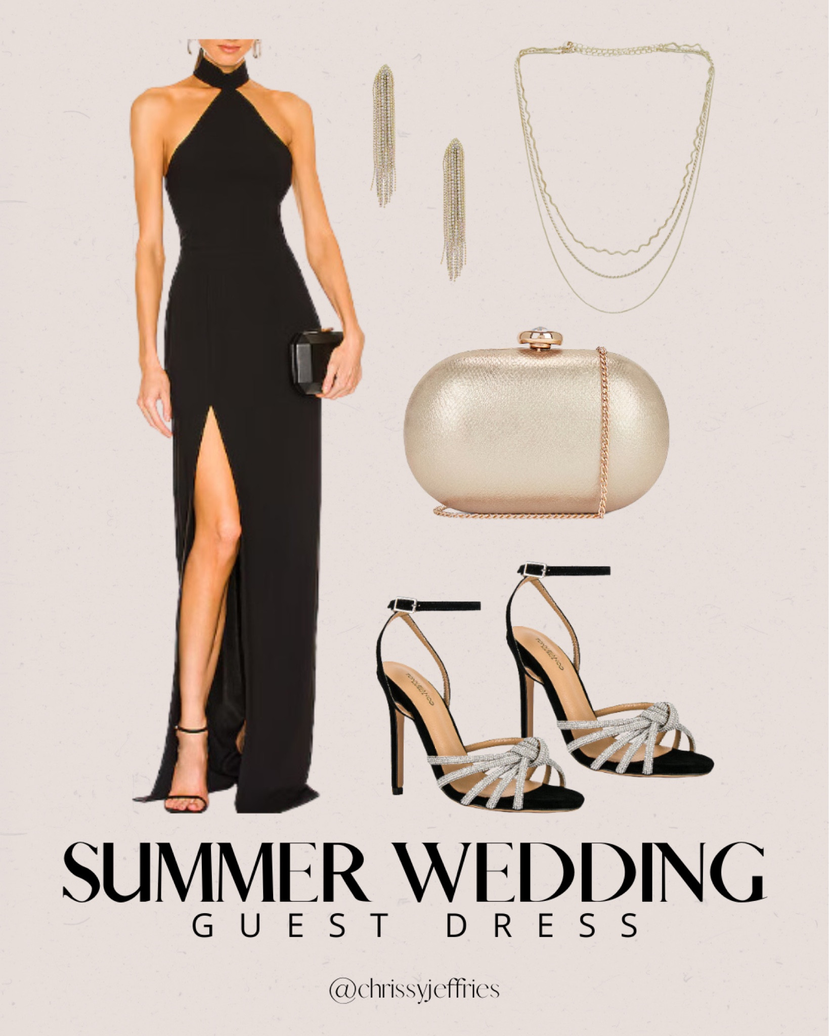 Get ready to turn heads at any summer wedding with this chic and sophisticated look. This stunning black halter gown, paired with elegant accessories, is perfect for a formal wedding. Elevate your style with a sleek gold clutch, sparkling heels, and statement jewelry. Make a lasting impression and be the epitome of elegance! ✨ 

#SummerWeddingFashion #WeddingGuestDress #ChicStyle #ElegantOutfit #WeddingReady

#LTKwedding #LTKpartywear #LTKsummer