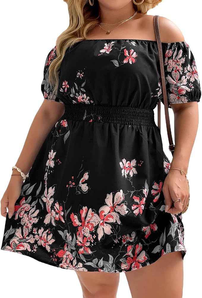 Romwe Women's Plus Size Off The Shoulder Short Sleeve A Line Flared Party Mini Dress | Amazon (US)