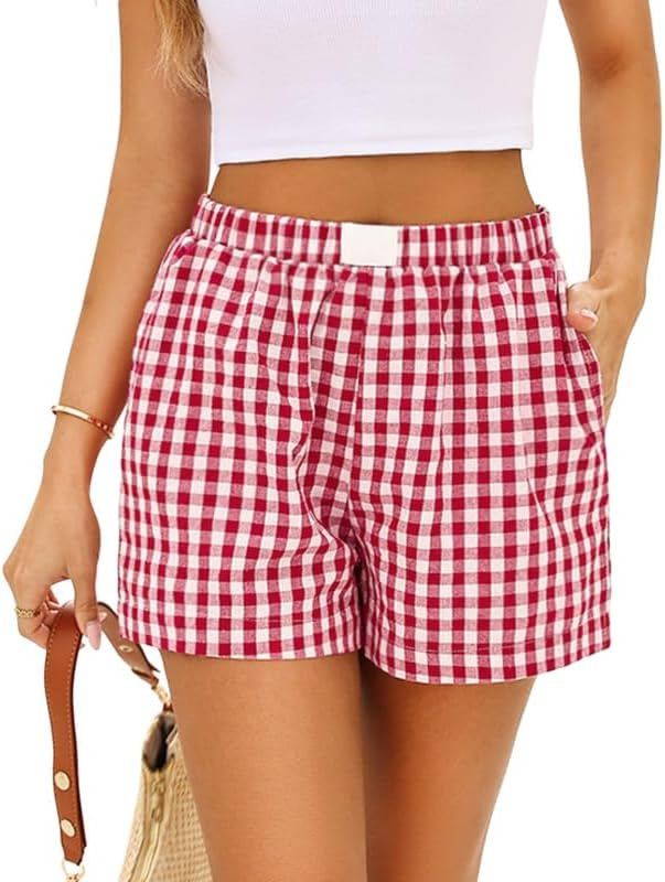 Marvmys Womens Boxer Shorts Cotton Plaid Gingham Shorts Summer Elastic Waist Pajama Bottoms with ... | Amazon (US)