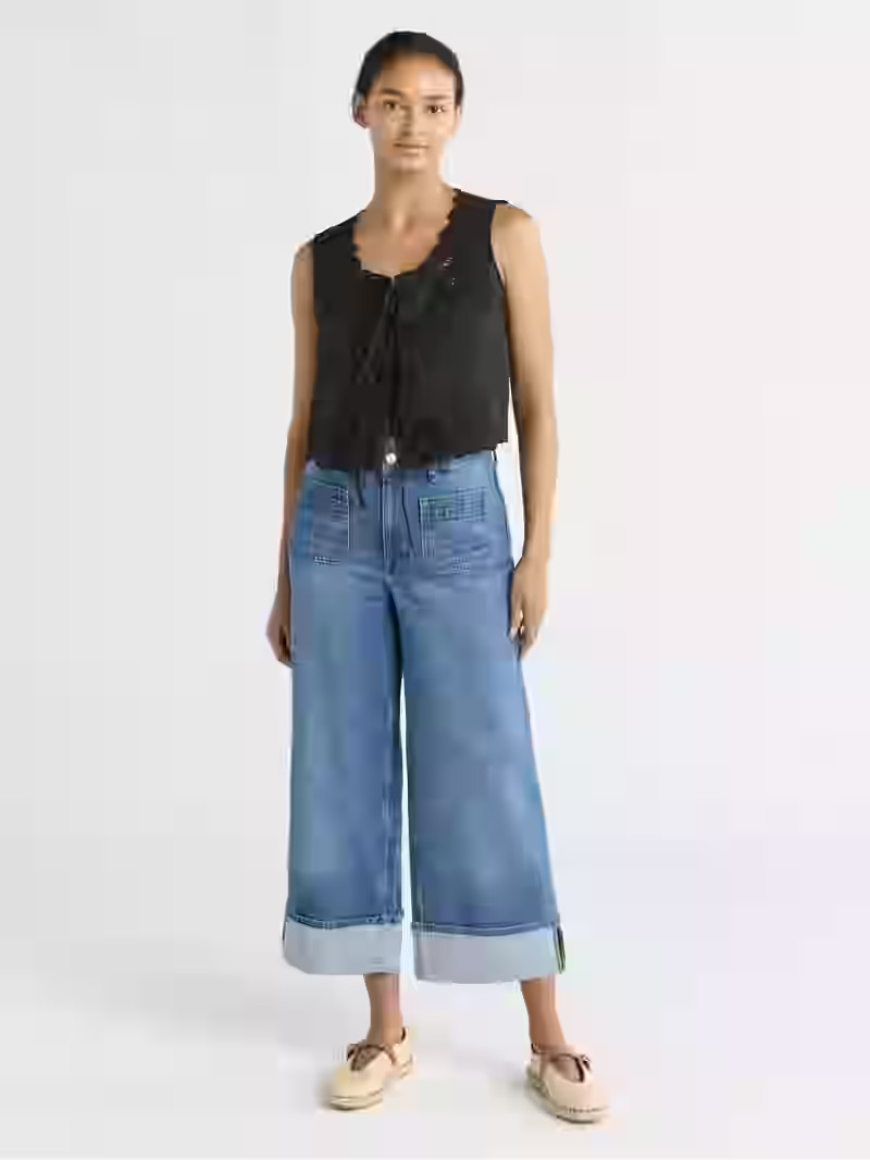 Free Assembly Women's and Women's Plus Cropped Tie Front Embroidered Cotton Top, Sizes XS-4X | Walmart (US)