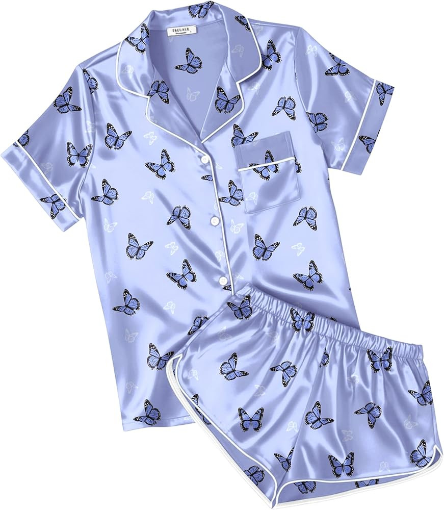 Ekouaer Womens Silk Satin Pajamas Short Sleeve PJS Shorts Set Soft Button Down Sleepwear 2 Piece ... | Amazon (US)