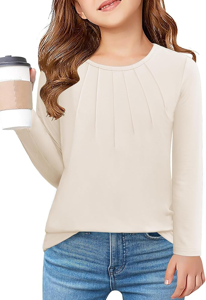 Arshiner Girls Pleated Long Sleeve Shirts Crewneck Casual Fashion Tops Blouse Tee | Amazon (US)
