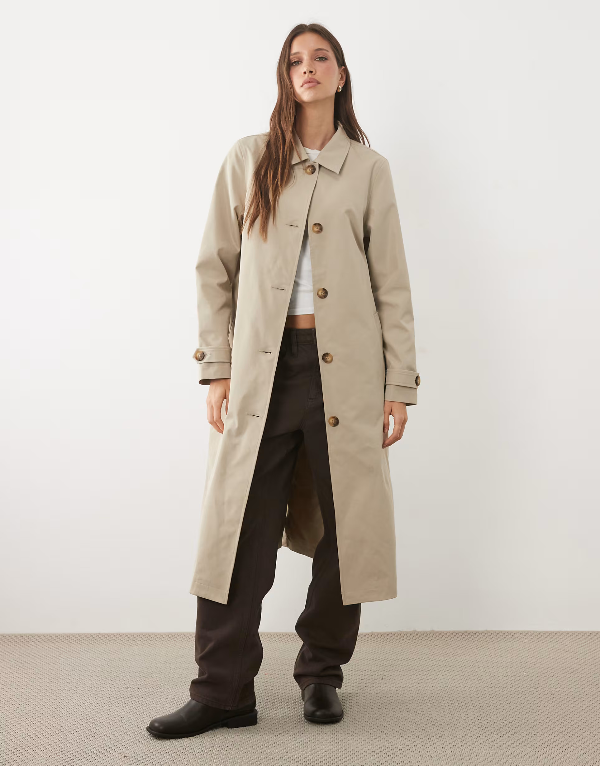 Threadbare long line trench coat in stone | ASOS (Global)