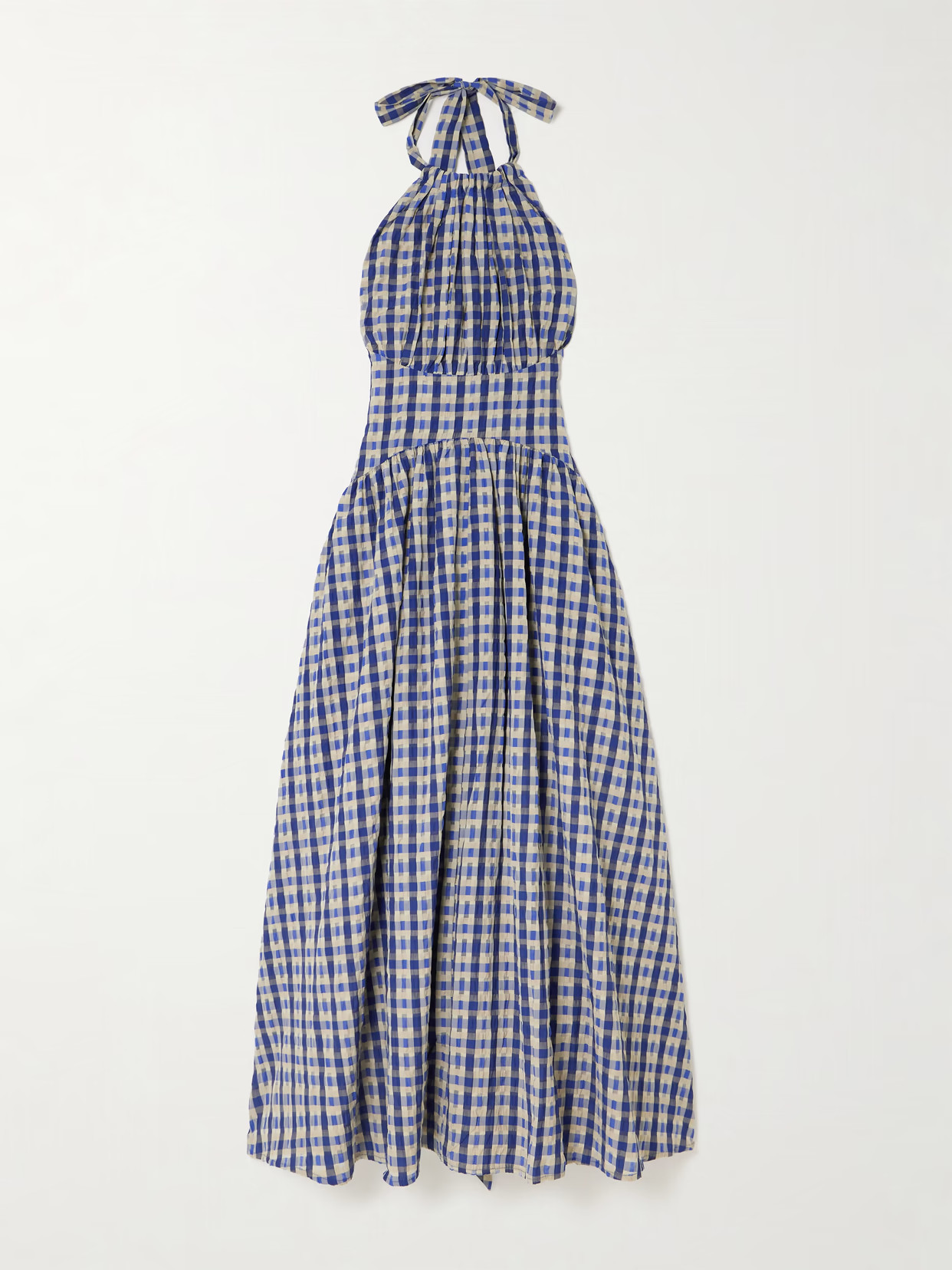 Rosie Assoulin - Halter In The Name Of Love Gathered Checked Seersucker Midi Dress - Blue | NET-A-PORTER (US)
