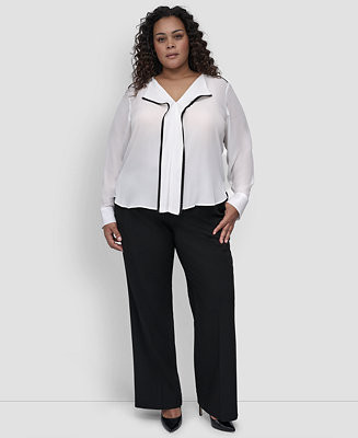 Plus Size Contrast-Trim Long-Sleeve Blouse | Macy's