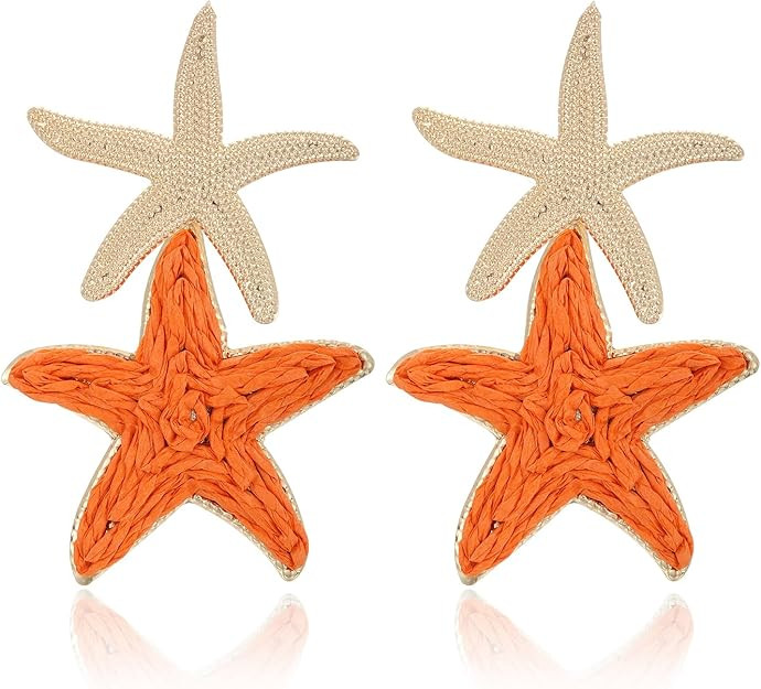 Raffia Starfish Earrings, Raffia Straw Wrapped Starfish Drop Dangle Earrings Summer Tropical Beac... | Amazon (US)