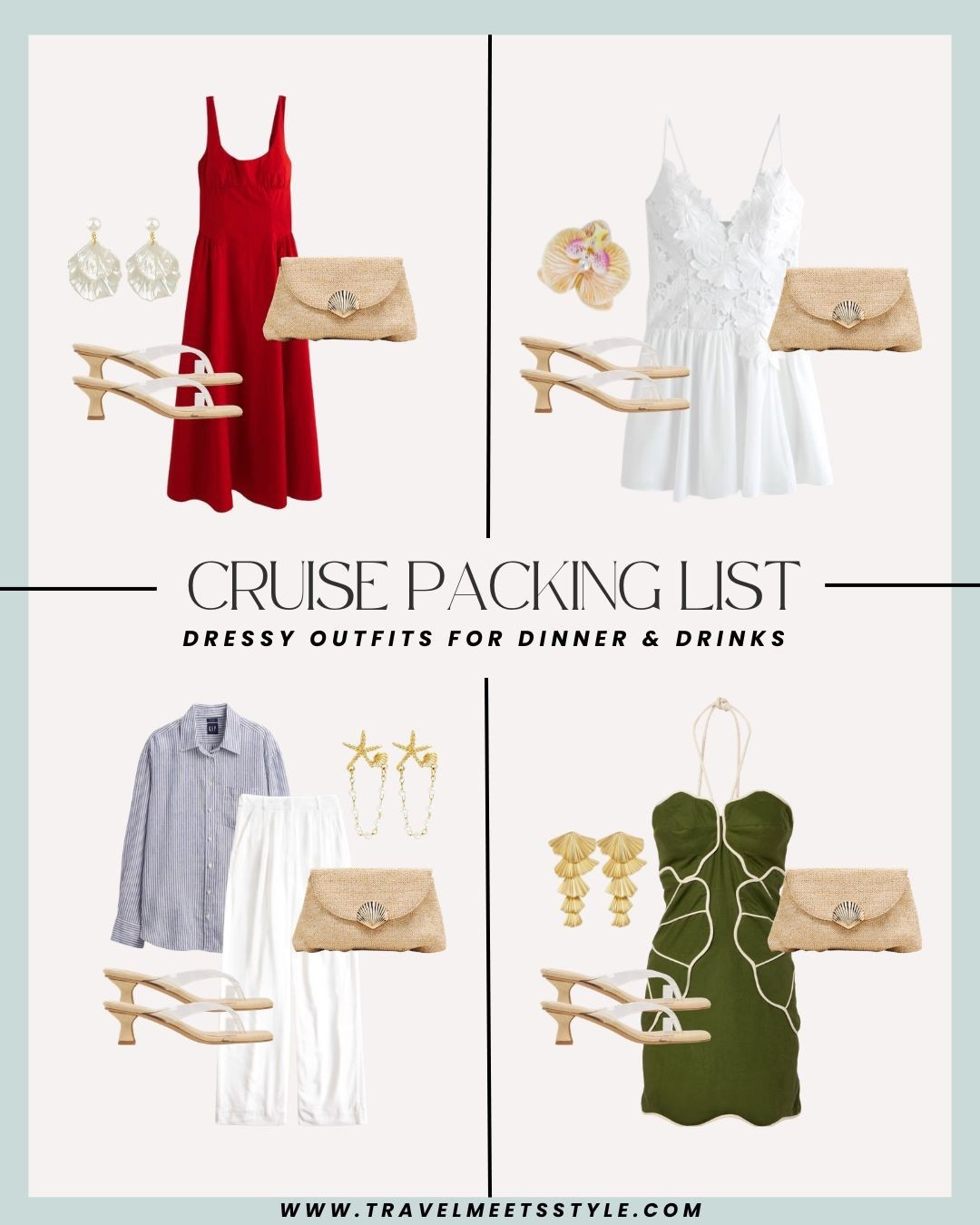 Headed on a cruise and need some help packing for your trip? This is your destination for the ultimate cruise packing list. Explore here for cruise outfits (including dressy cruise outfits for dinner & drinks as pictured) + cruise essentials for every adventure 🚢 Visit travelmeetsstyle.com to read the full post! 